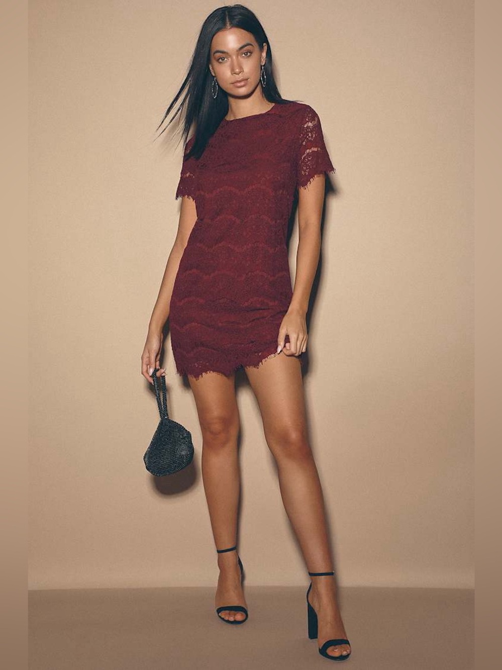 Lulus Take Me to Brunch Burgundy Lace Shift Dress